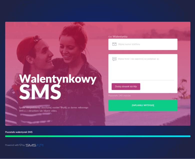 Landing page na walentynki stworzony przez firmę SMSAPI