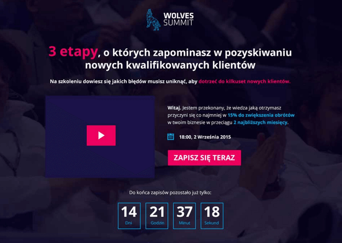 Landing page firmy Wolves Summit, kt&oacute;ry zbiera zapisy na webinar