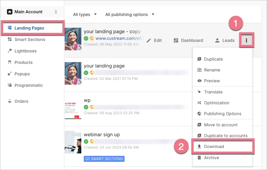 Downloading a landing page in Landingi