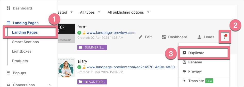 Navigating to landing page duplication