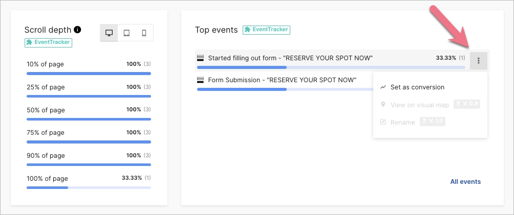 Landing page scroll depth and top events data 
