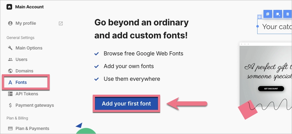 Fonts tab in Landingi
