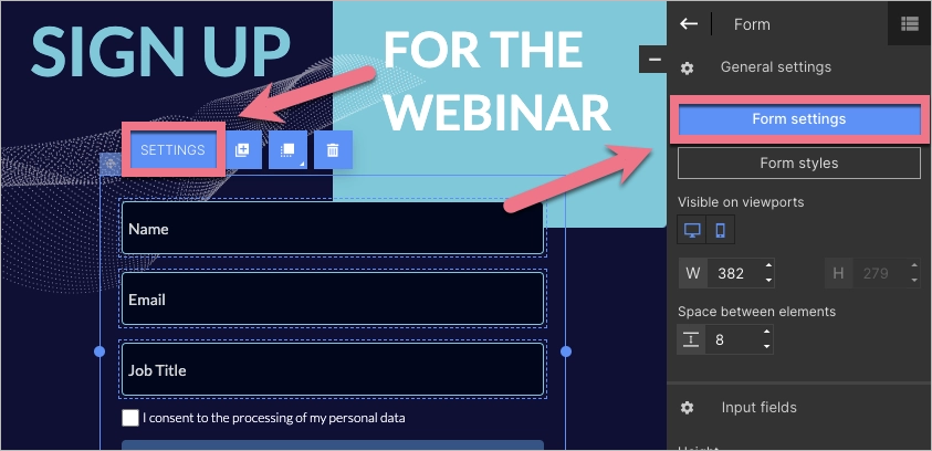 Form Settings buttons above the form widget and in a right-side toolbar