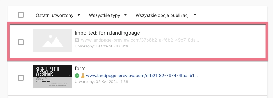 Zaimportowany landing page na liście 