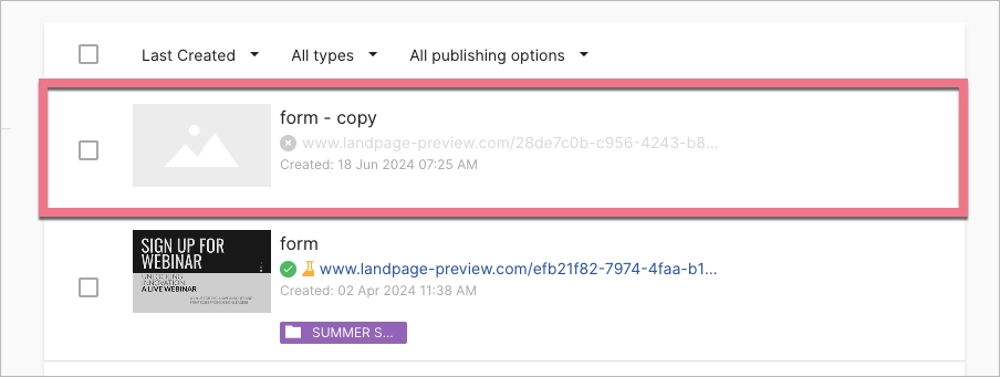 Landing page copy in the list of all landing pages
