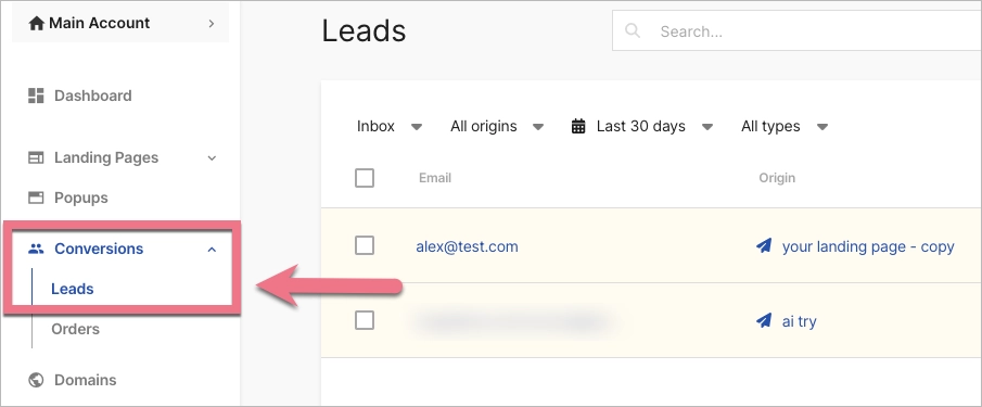 List of all leads in Landingi account