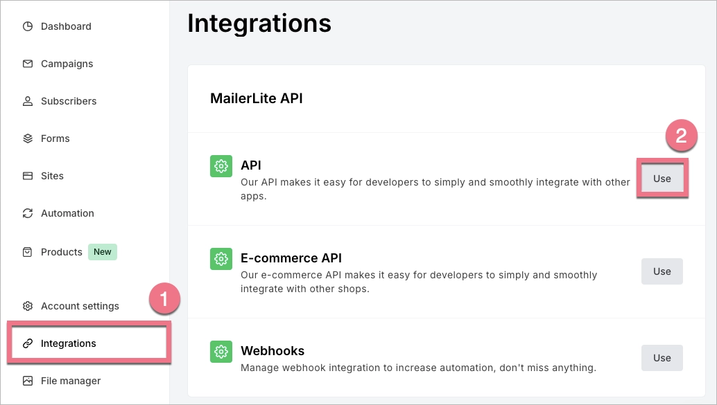 Integrations tab in MailerLite