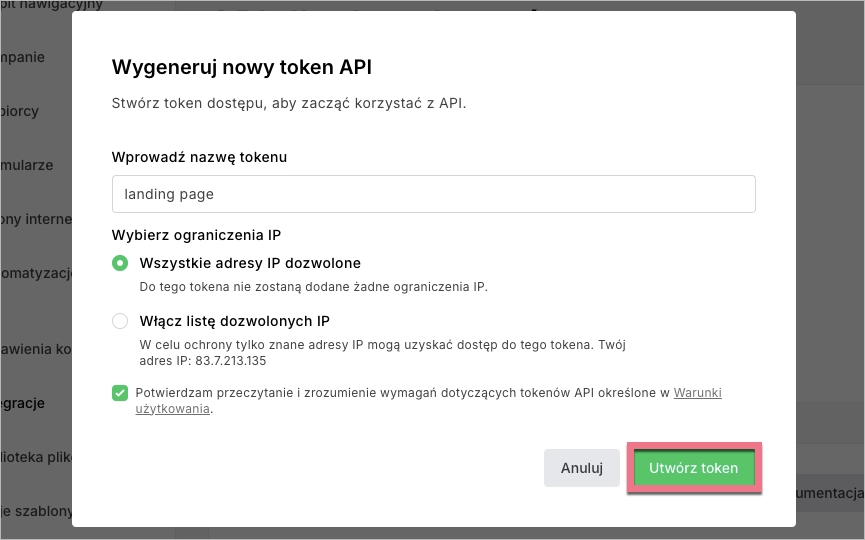 Generowanie nowego tokenu w MailerLite