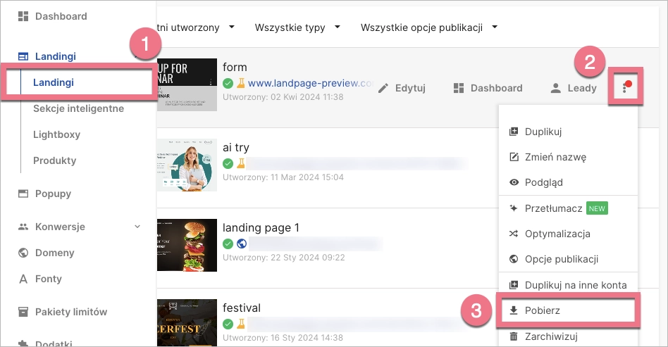 Przejście do pobierania landing page'a w Landingi