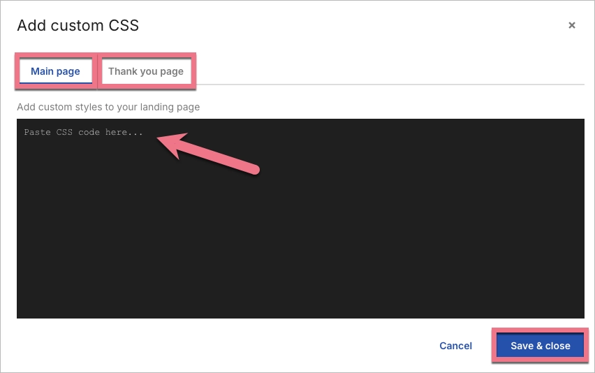 Saving CSS code to a landing page