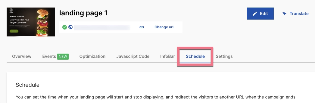 Navigating to Schedule tab in Landingi