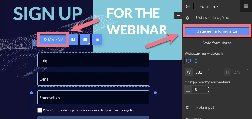 Przycisk Ustawień Formularza nad formularzem i pasku bocznym