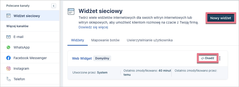 Widok platformy Freshchat z kodem czatu