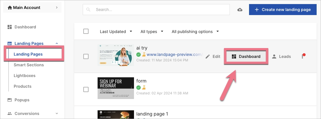 Navigating to landing page Dashboard in Landingi