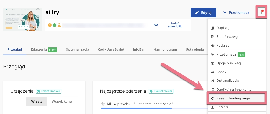 Opcja resetowania landing page'a