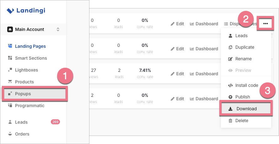 How to download a popup from Landingi