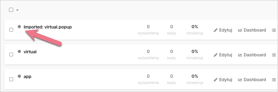Zaimportowany popup na liście
