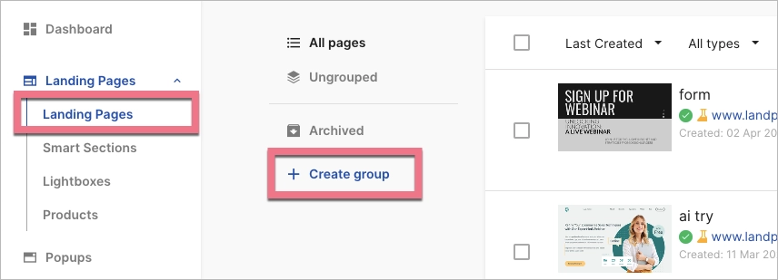 Creating groups of landing pages