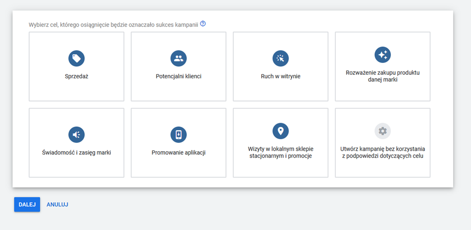 Utw&oacute;rz kampanię bez korzystania z podpowiedzi dotyczących celu google ads