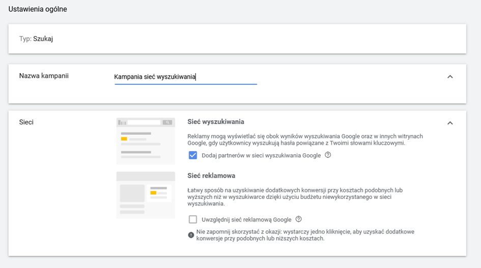 google ads sieć wyszukiwania kampania ustawianie