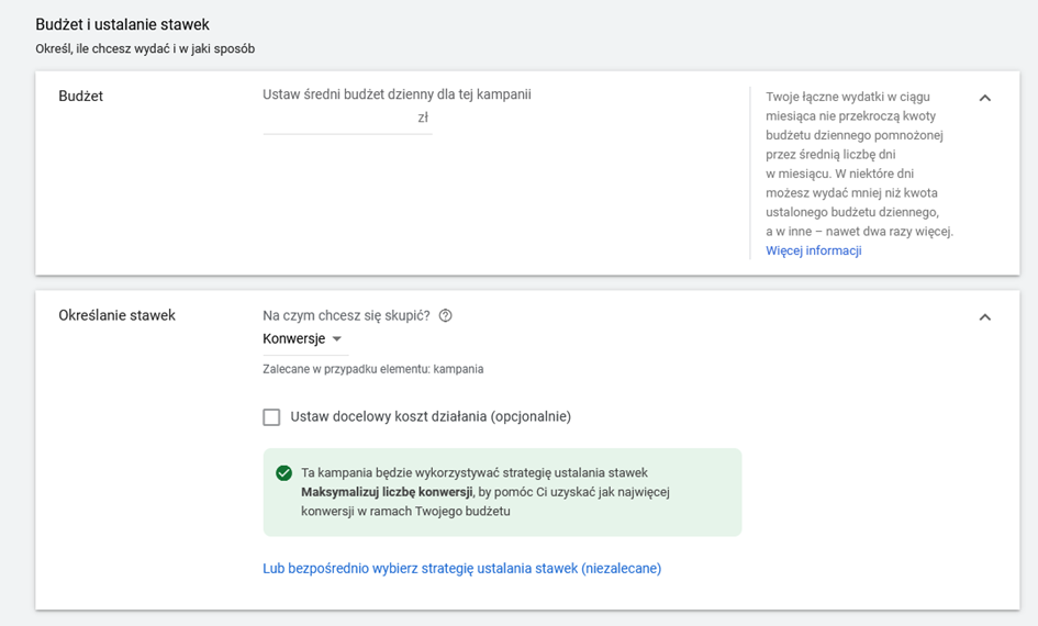 bezpośrednio wybierz strategię ustalania stawek (niezalecane) google ads