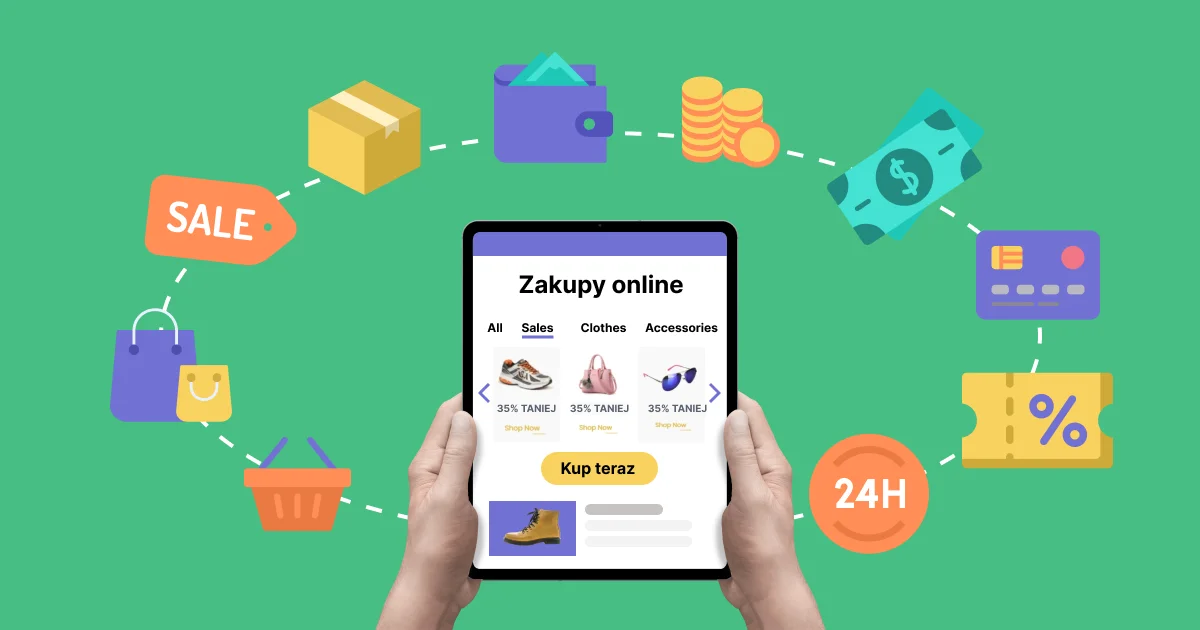 symbole biznesu e-commerce, w tym tablet, kod rabatowy, ikona koszyka i karta kredytowa