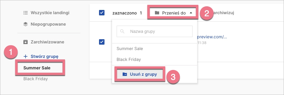 Usuwanie z grupy w Landingi