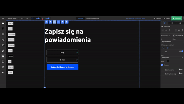 A website editor shows a signup form in Polish with fields for name, email, and a blue submit button