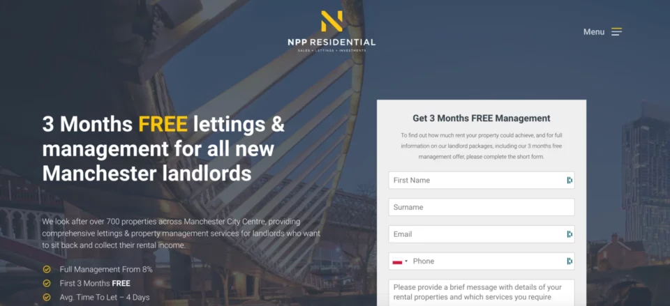 A landing page da NPP Residential real estate seduz clientes potenciais com uma oferta de gerenciamento gratuito