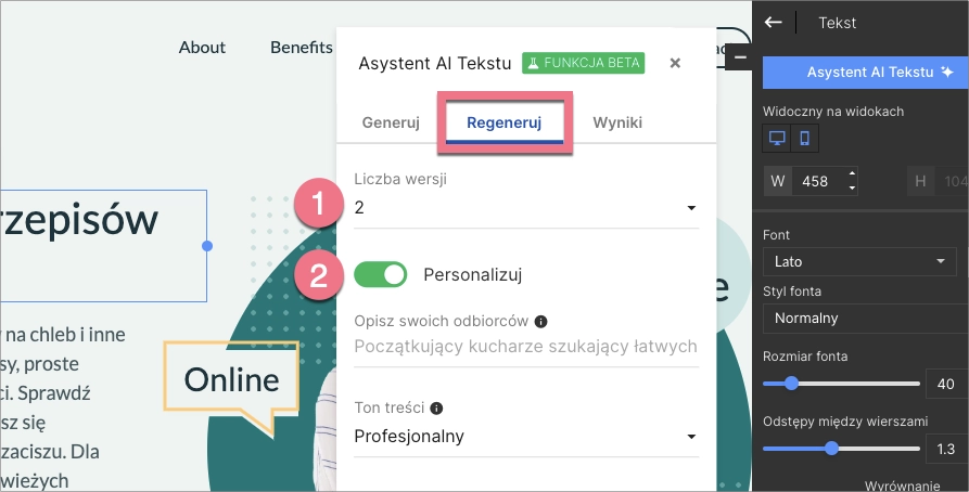 Opcja regeneracji tekstu przez AI w Landingi