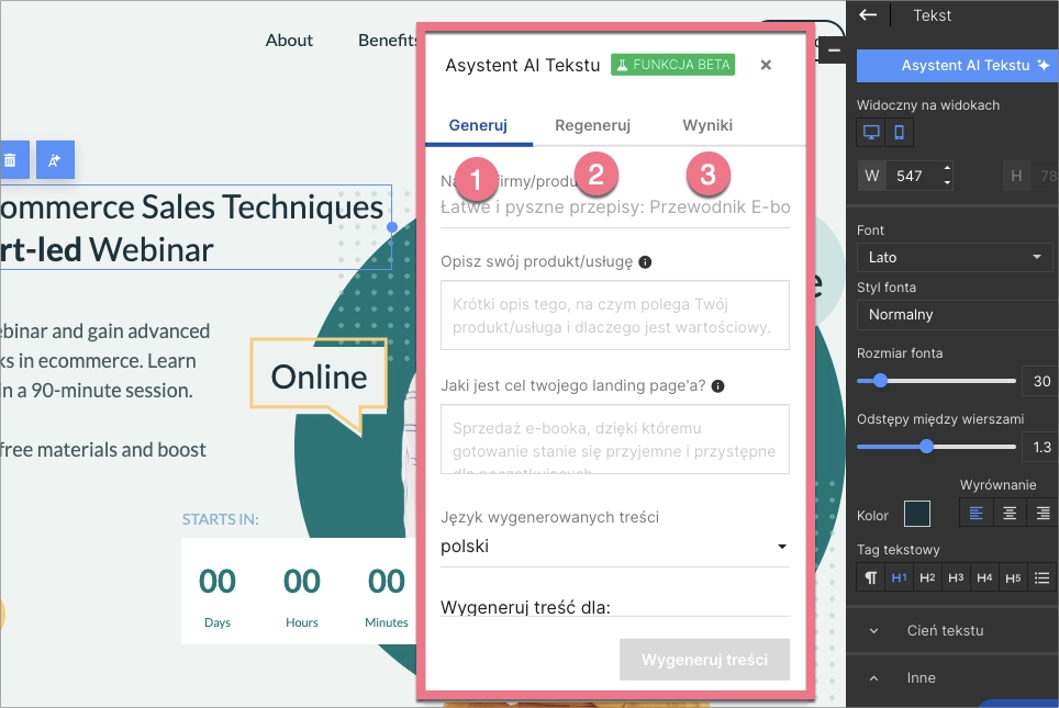 Trzy zakładki Asystenta AI Tekstu w edytorze Landingi