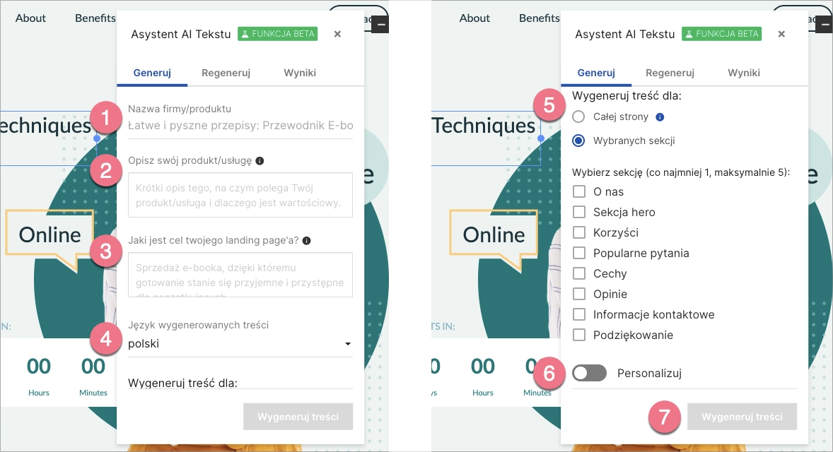 W zakładce Generuj wpisz informacje, na podstawie kt&oacute;rych AI stworzy dla Ciebie teksty.