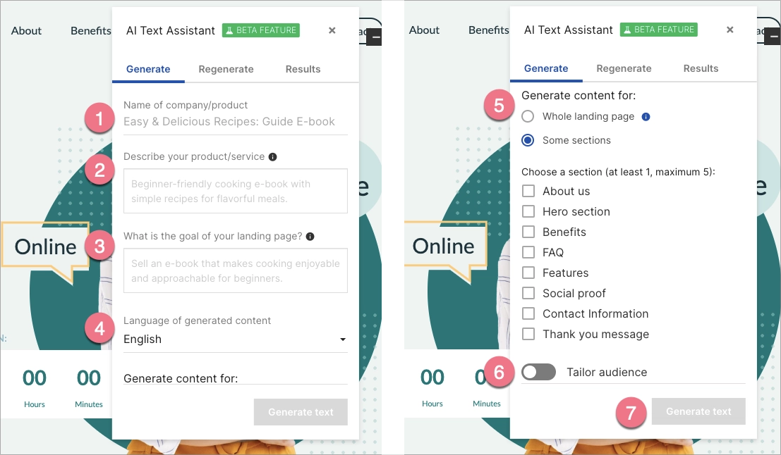In the Generate tab, enter the information from which AI will generate texts for you.