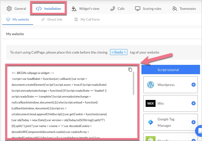 Copy CallPage widget installation code