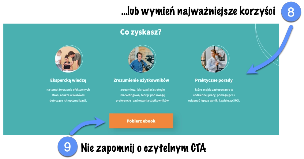 Korzyści w szablonie landing page