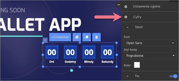 W panelu bocznym licznika (zakładka Cyfry lub Etykiety) zobaczysz opcje edycji dla wybranego elementu