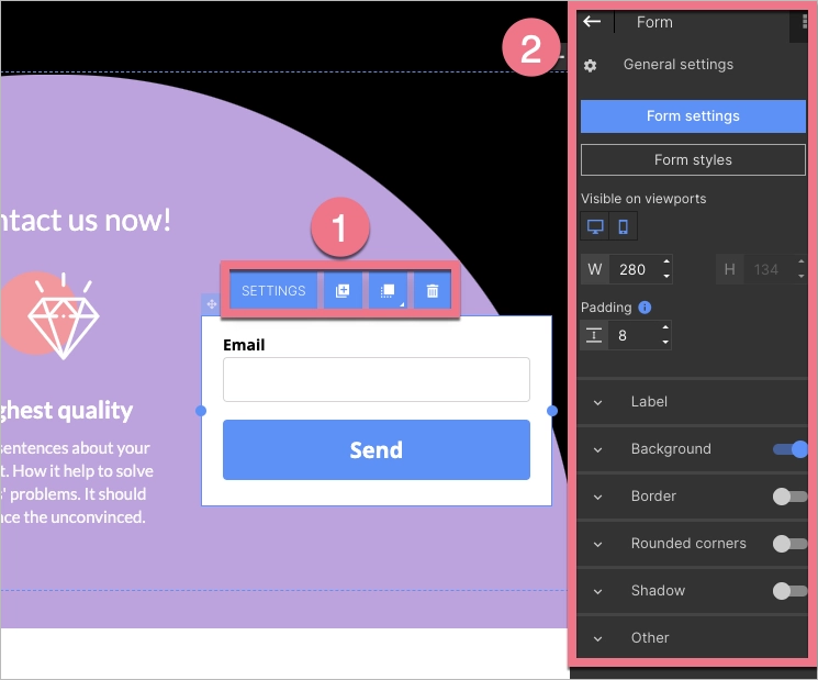 Form settings menu in Landingi