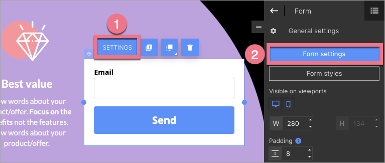 Go to Form settings in Landingi editor