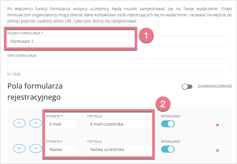 Nazwij formularz i dodaj pola oraz etykiety p&oacute;l w Livewebinar