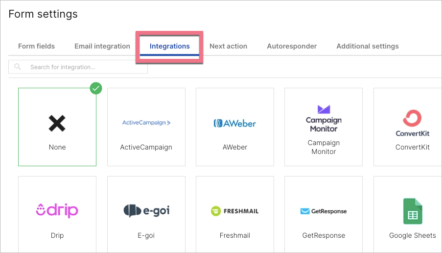 Integrations in Form settings