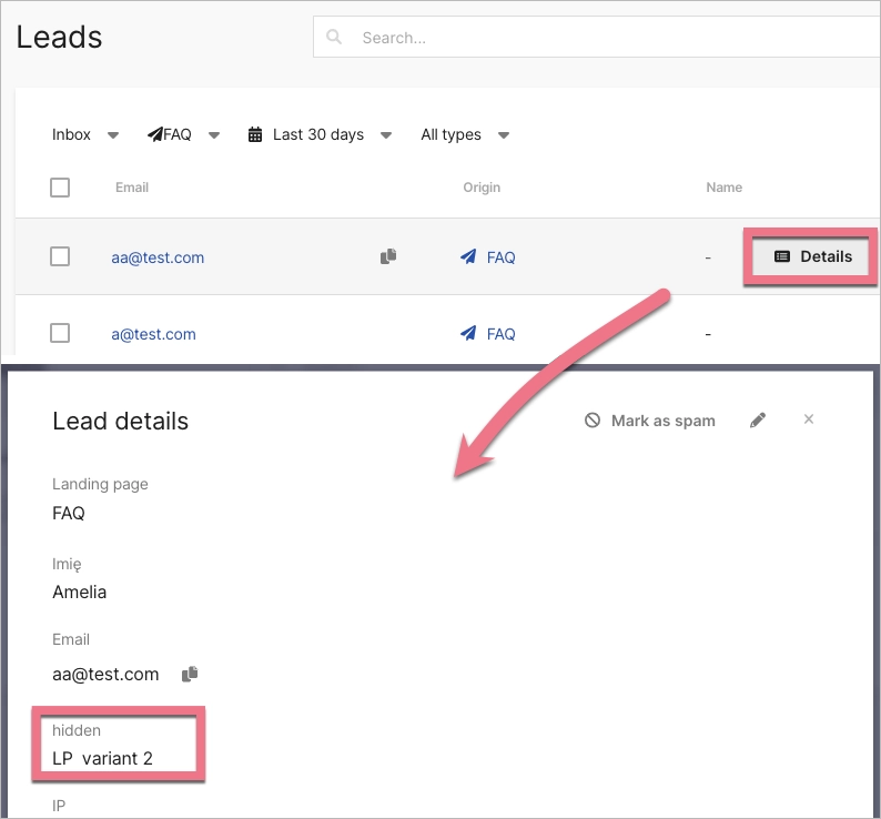 Value of hidden field in lead details