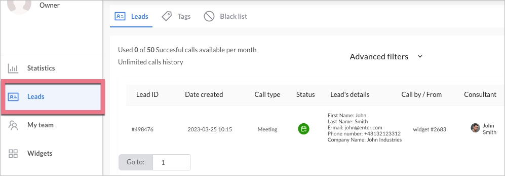 Leads tab in CallPage