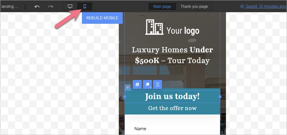 Vista m&oacute;vil en el editor Landingi