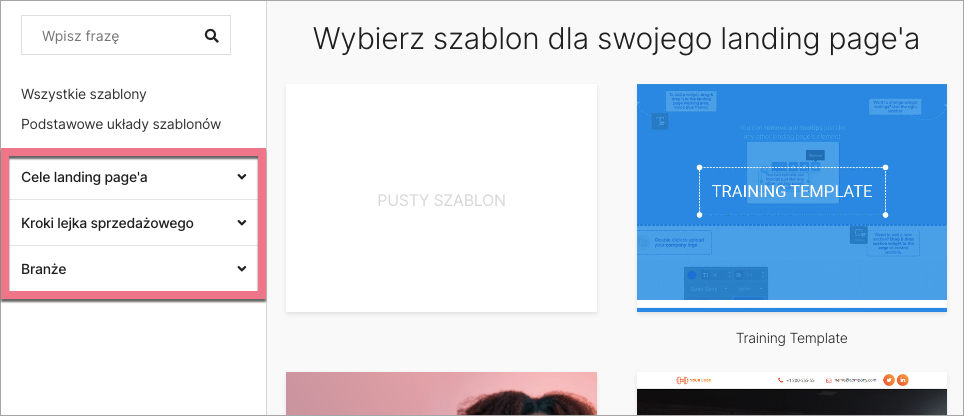 wybierz szablon landing pagea