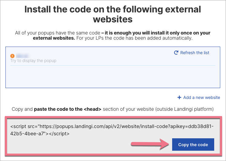 pop up code landingi