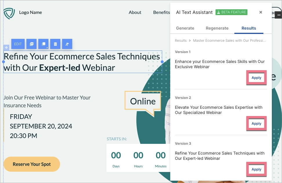 To use the regenerated content, click on the Apply text button next to the desired text