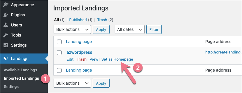 landing page as homepage wordpress