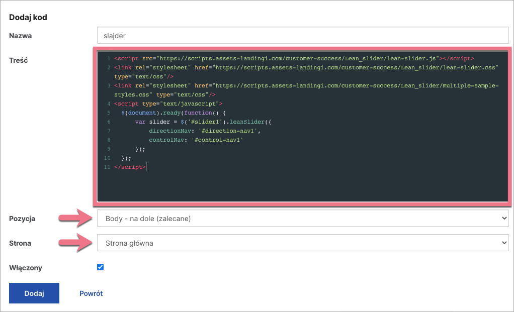 kod java slider landingi