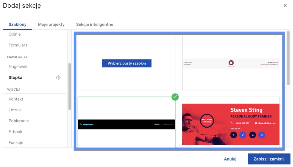 Lista szablon&oacute;w sekcji w edytorze Landingi