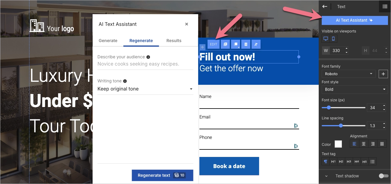 Opciones de texto en el editor Landingi